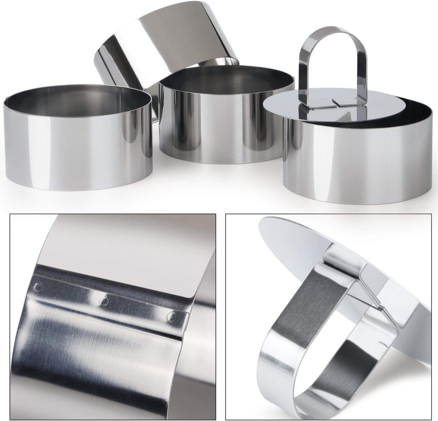HULISEN 3” Round Cake Ring Mold, Stainless Steel Cooking Crumpet Rings | 4 Food Forms & 1 Pusher, Dishwasher Safe, Home Cooks and Bakers, Tuna Tartare, Pancakes, Salads and Mousse